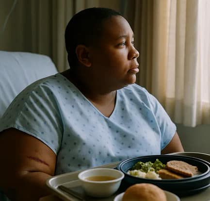 Clinician reviewing postoperative BMI notes with a bariatric patient