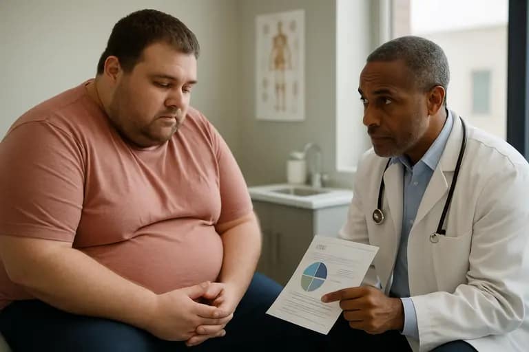 Bariatric patient speaking with a care team member in a clinic room