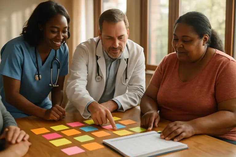 Care team member writing questions with a patient during an appointment
