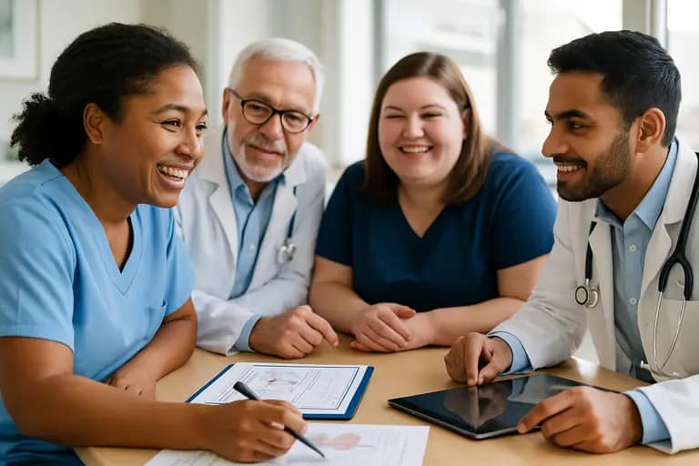 Patient and clinician reviewing documents together in an office