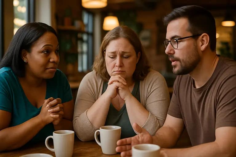 Patient speaking with a supportive healthcare professional in an exam room