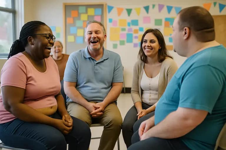 Support group seated in a circle during a bariatric recovery discussion
